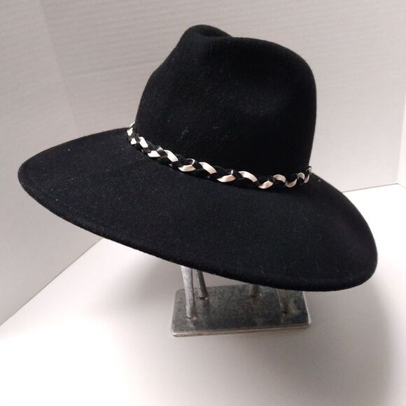 black wool felt fedora hat with black and white braided belt band - Picture 4 of 8